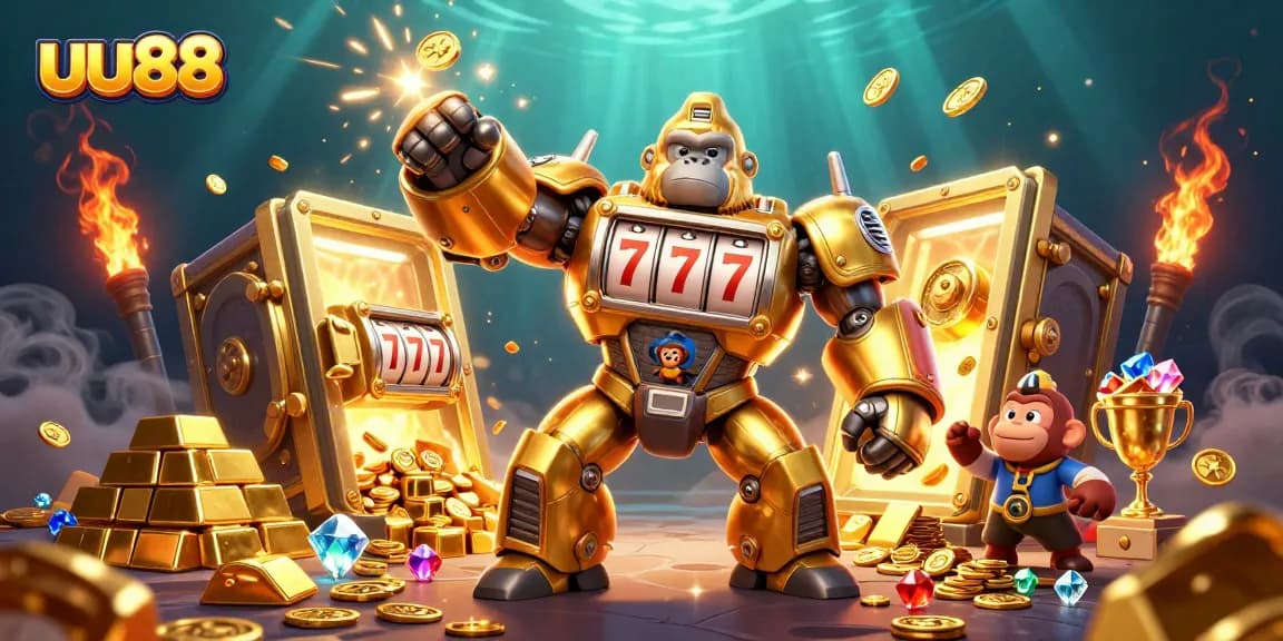 Engaging with uu88's dynamic casino experience featuring a golden gorilla mech amidst treasures.