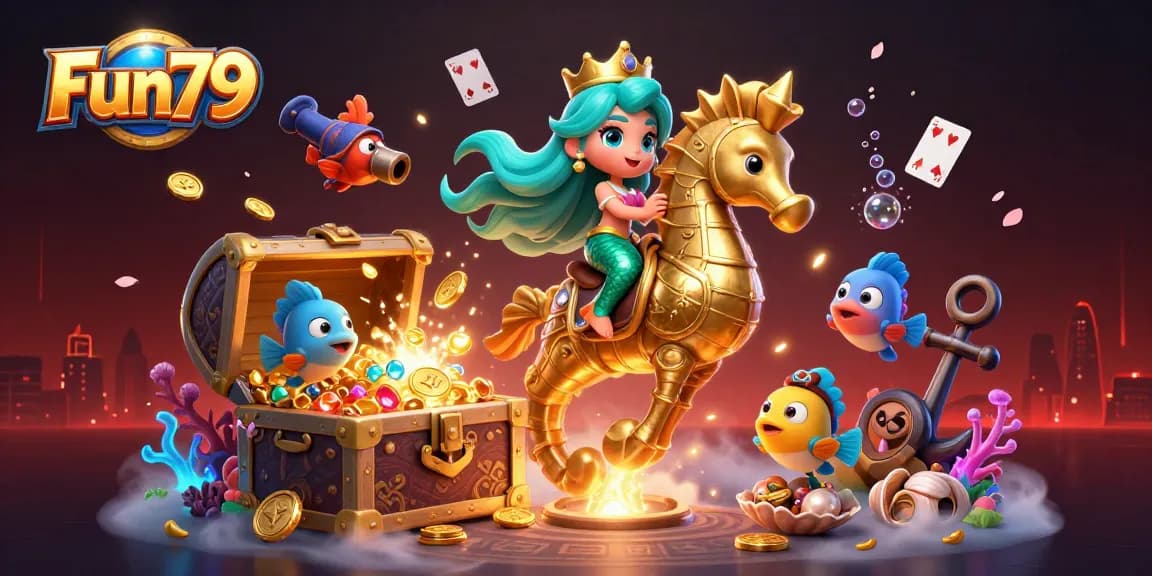 Fun79 offers thrilling underwater casino adventures with a mesmerizing mermaid and seahorse.