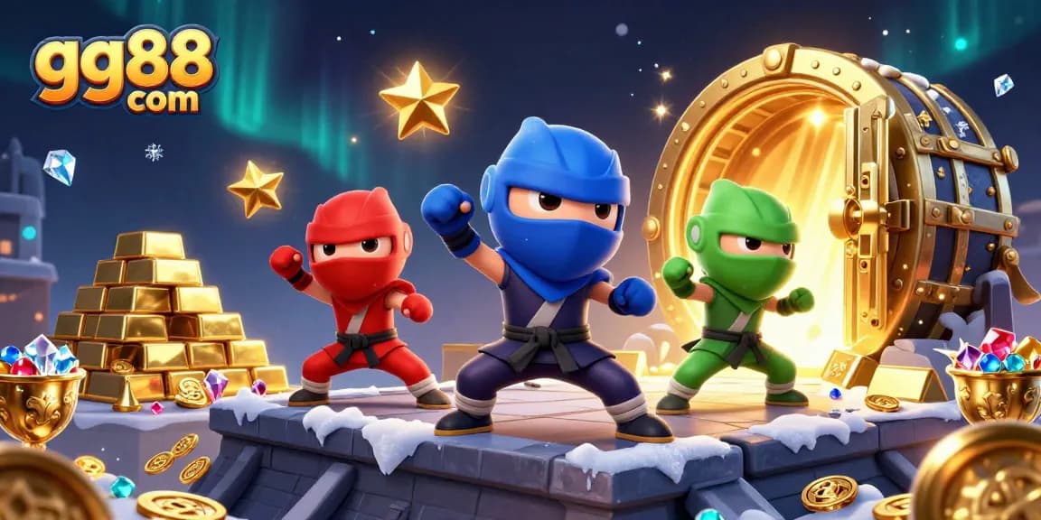 Engage in excitement at gg88 com with a vibrant casino scene featuring ninja chameleons and treasures.