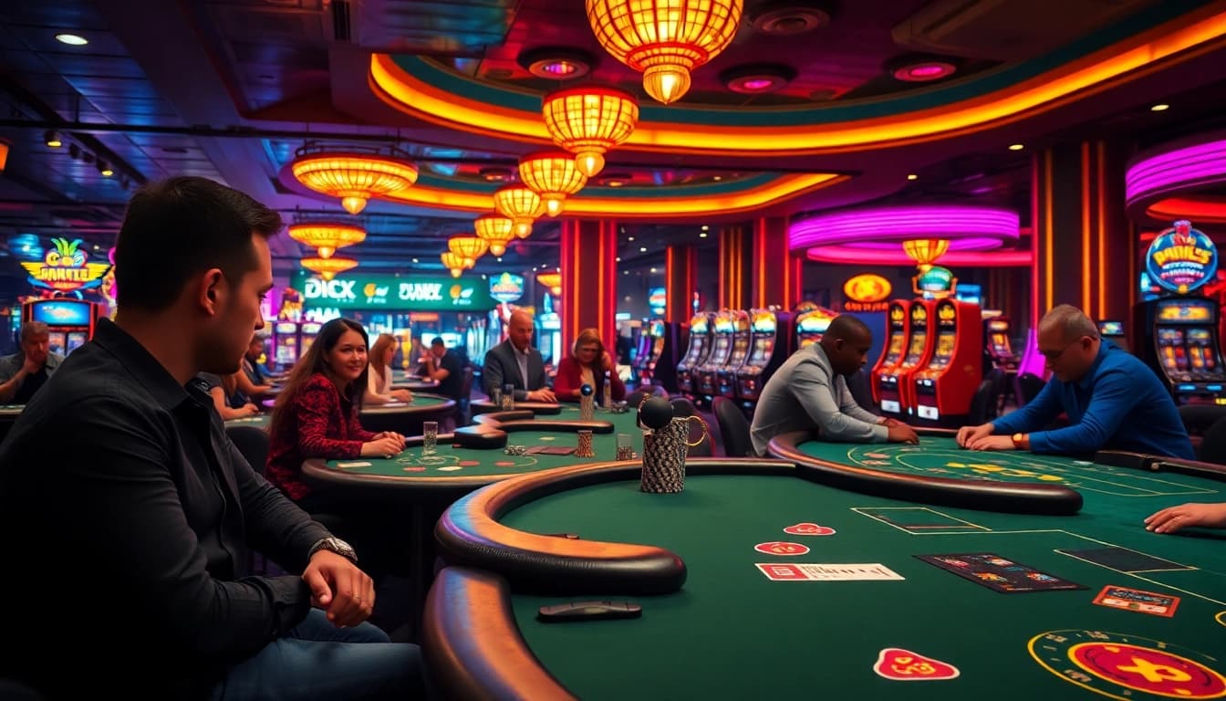 Rajahoki memperlihatkan pemain yang terlibat di meja poker dalam suasana kasino yang meriah.