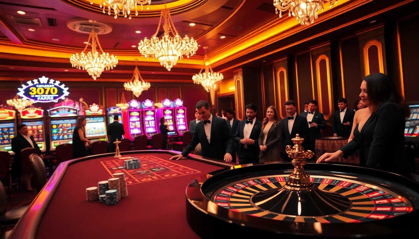 Players enjoying a thrilling game at galaxy6623 casino, featuring vibrant slot machines and a roulette wheel.