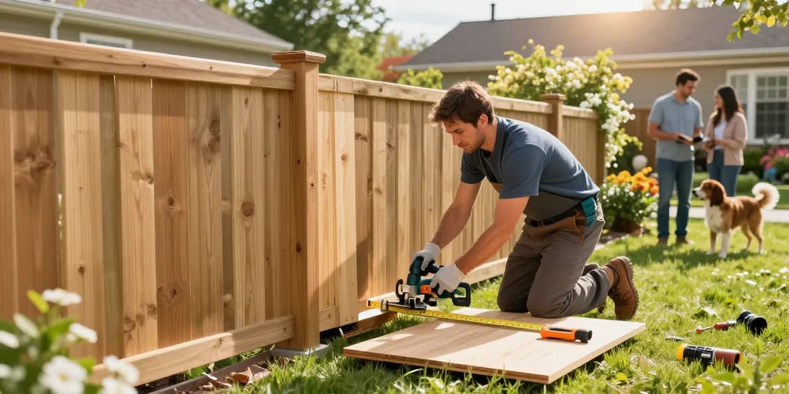We fix fences and build fences with skilled tradesman installing a wooden fence in a sunny backyard.