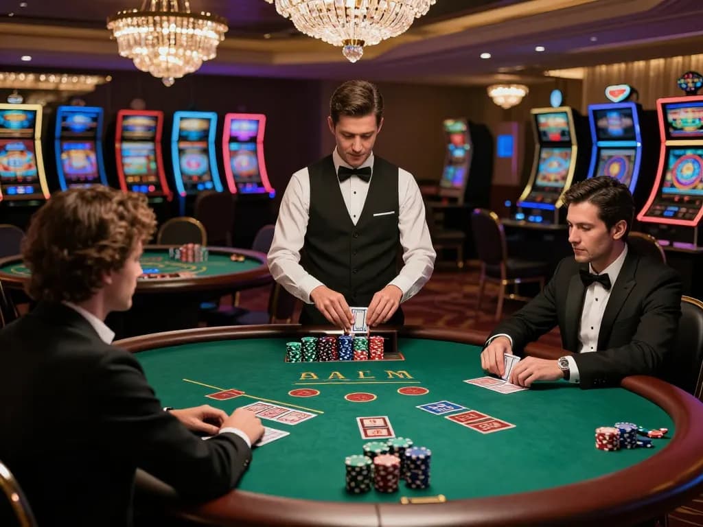 98win vin blackjack players strategizing their next move at a luxurious casino table.