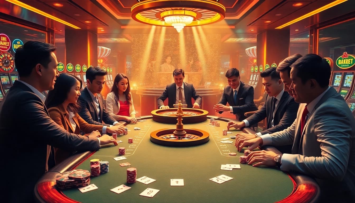 Experience the excitement of 8kkbet.com with energetic gamblers at a luxury poker table.