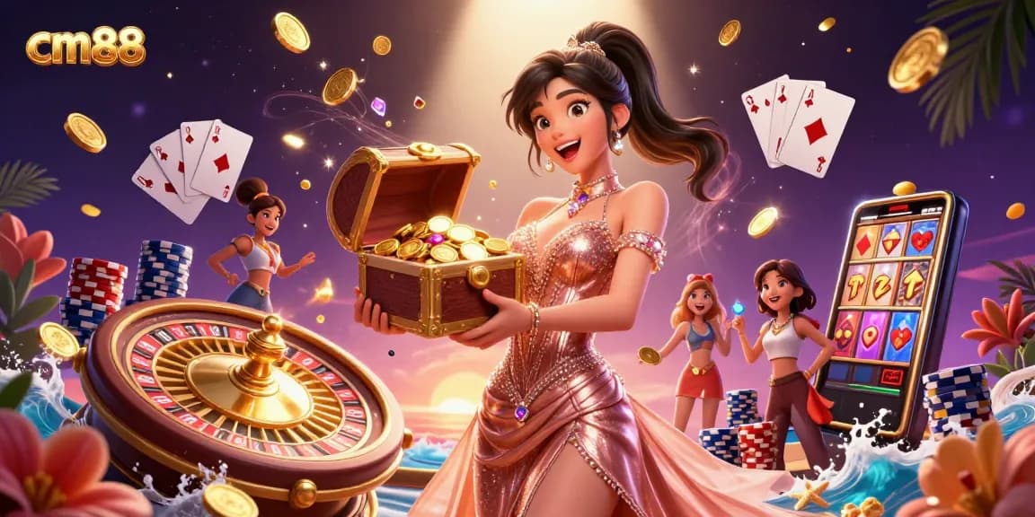 Experience the thrill of cm88 with a stunning treasure chest overflowing with golden coins.