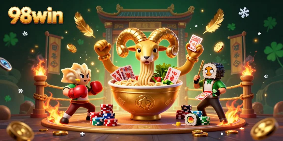 Join the action with 98win, where a golden ramen bowl deals cards amid swirling game elements and excitement.