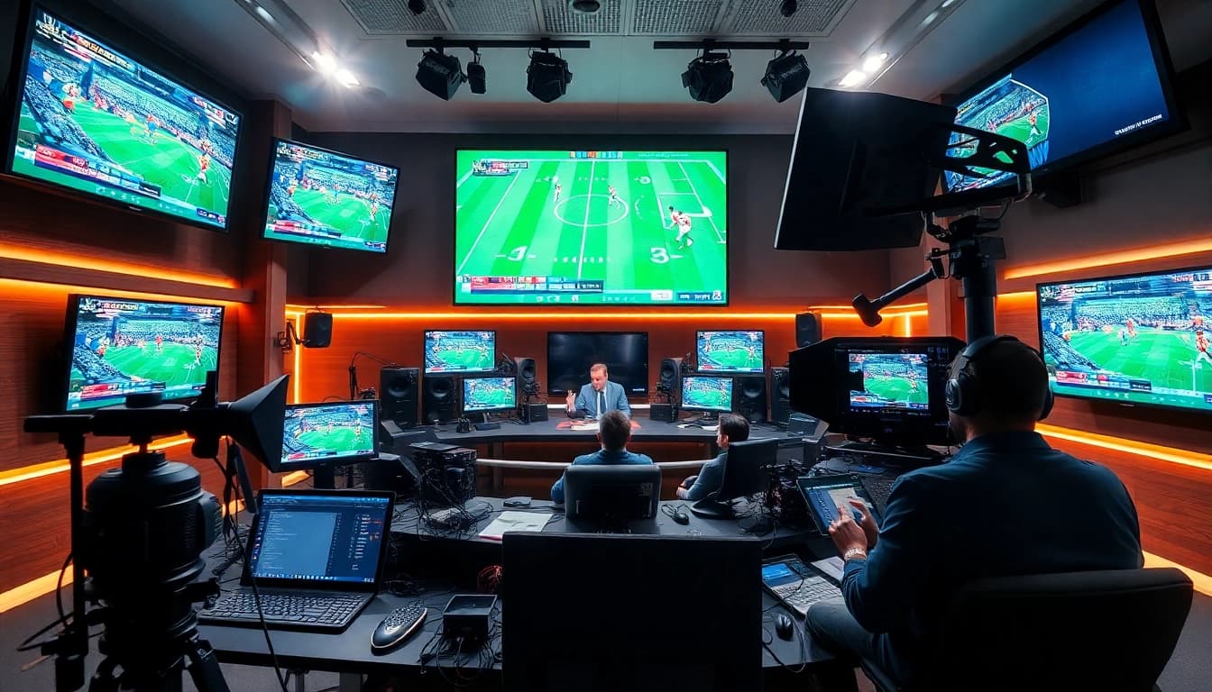 Engaging scene of sports broadcasting featuring dynamic hosts and technology in action.