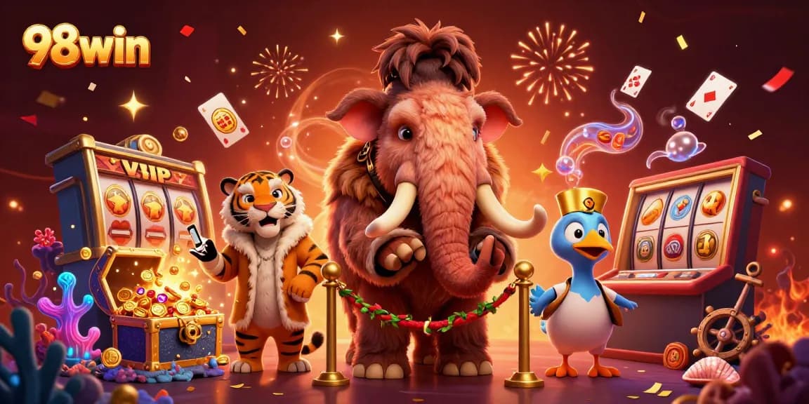Experience thrilling 98win gameplay with exciting jackpots and cartoon characters in a vibrant casino setting.