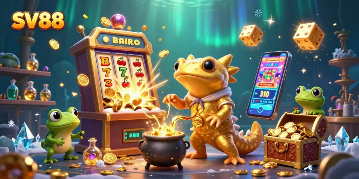 Players winning big at SV88 with thrilling slot machines and golden treasures in a vivid casino scene.