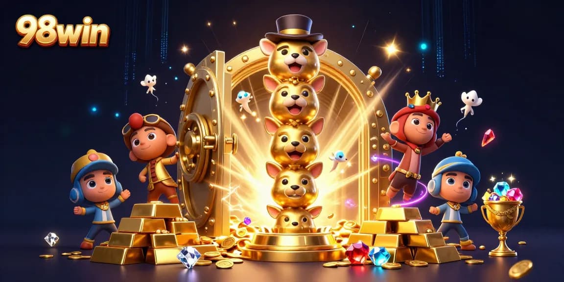 Experience the thrill of gambling with 98win in this energetic and colorful 3D scene.