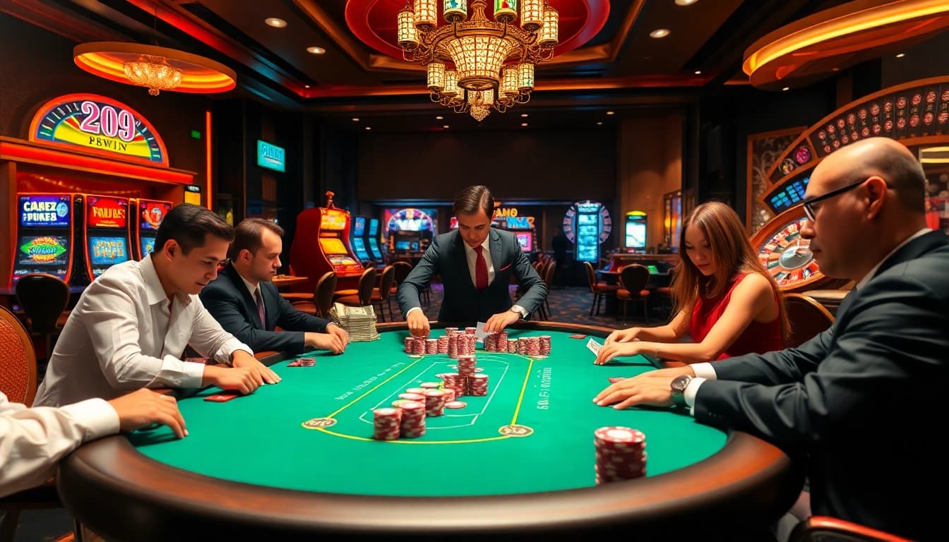 Intense poker game at 98win casino with players, chips, and cash.