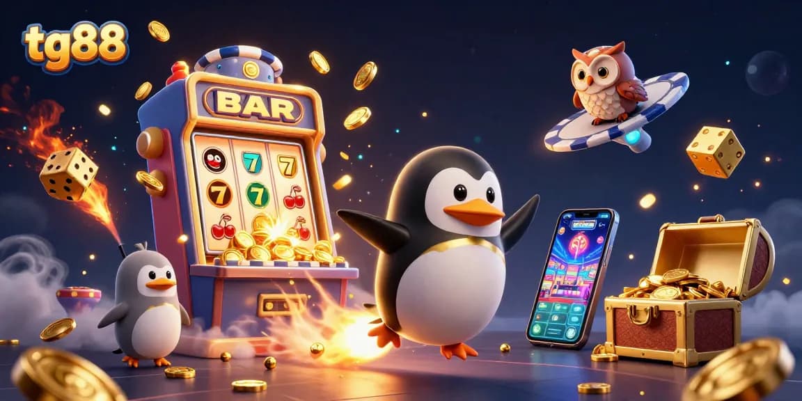 Experience fun and excitement at tg88 with a vibrant 3D illustration featuring a golden penguin and casino elements.