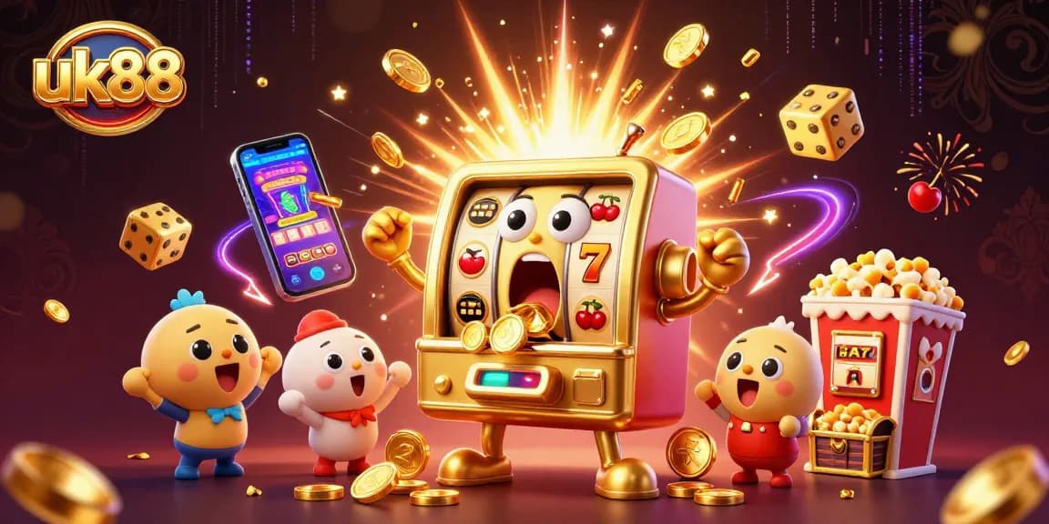 uk88 slot machine hits jackpot, cash pours down, surrounded by baby slots cheering, vibrant casino party scene.