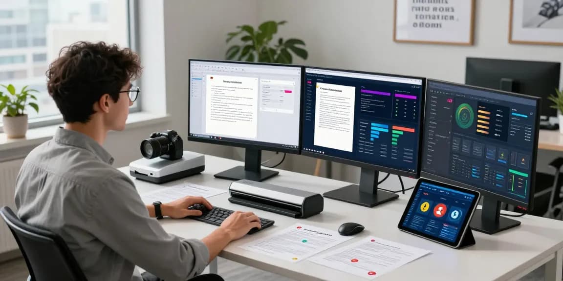 Professional analyst utilizing document fraud detection tools in a modern office, showcasing analytics and suspicious indicators.