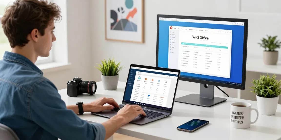 WPS Download in a professional home office scene with modern tech setup showcasing productivity tools