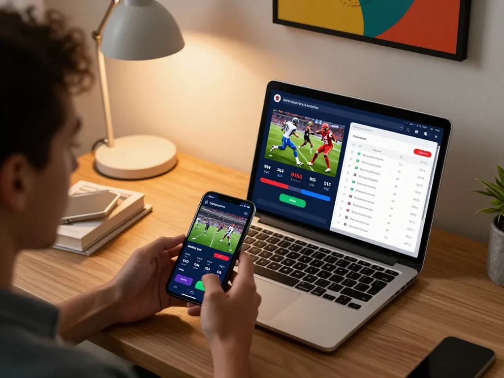 Engaging in sports betting on a mobile app, go88vn showcasing live odds and statistics on a stylish home desk.