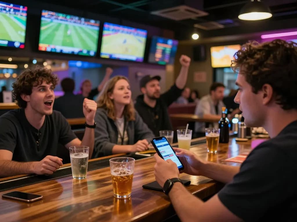 Tỷ lệ kèo nhà cái hôm nay displayed on a sports bar screen as patrons celebrate betting wins.