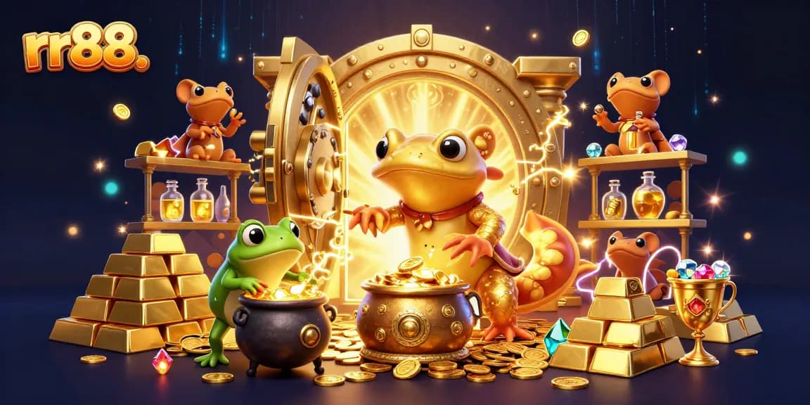 Experience the excitement at rr88. with dynamic 3D illustration of a golden alchemist turning metals into fortune.