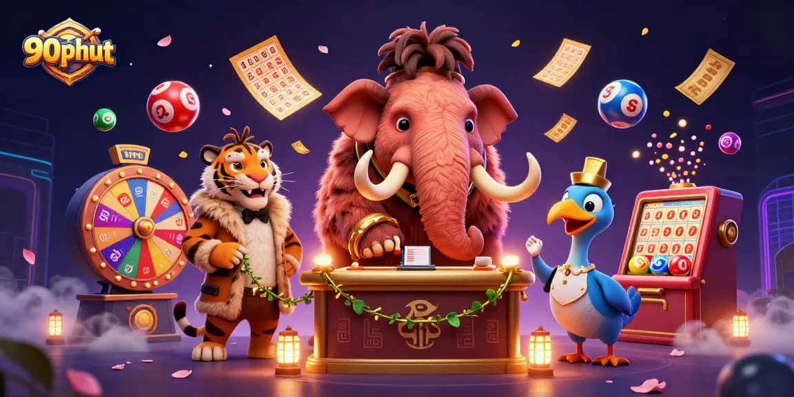 Experience exciting gambling action at 90phut with vibrant lottery balls and characters.