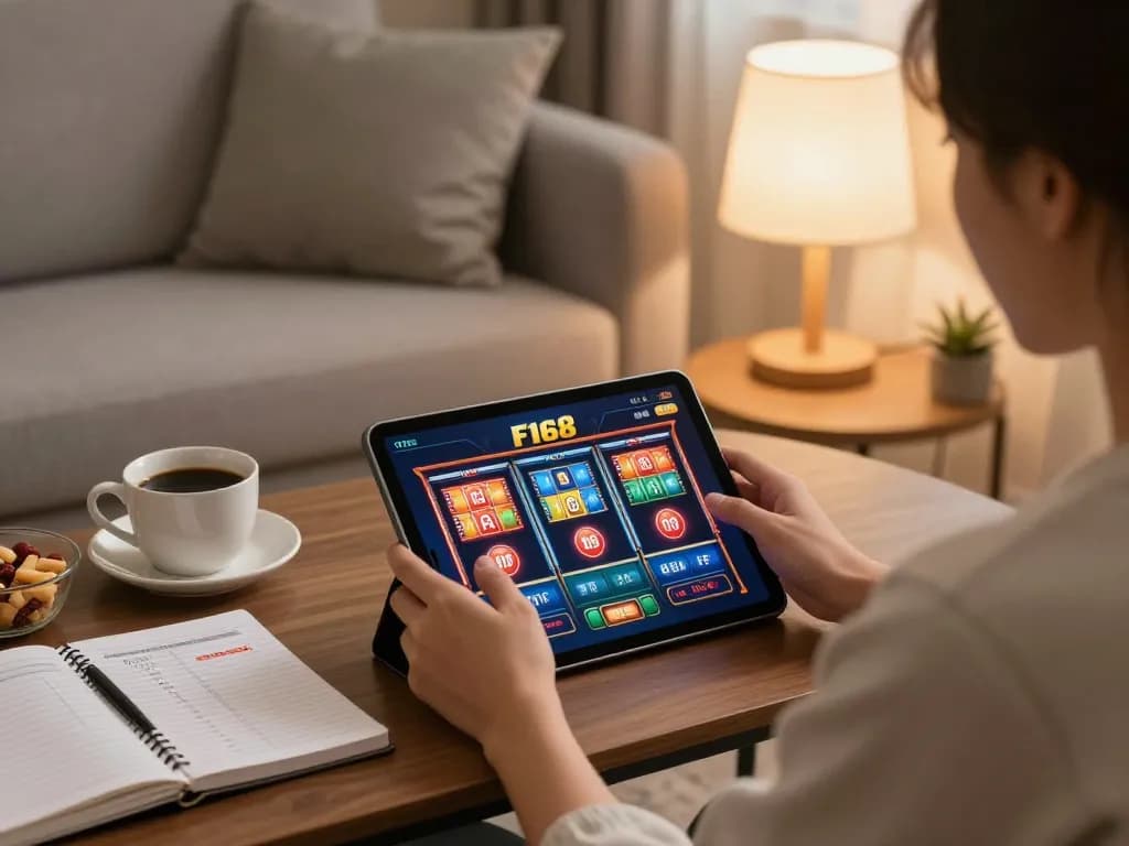 Engaged player enjoying online slots at trang chủ F168 with cozy atmosphere and strategy notes.