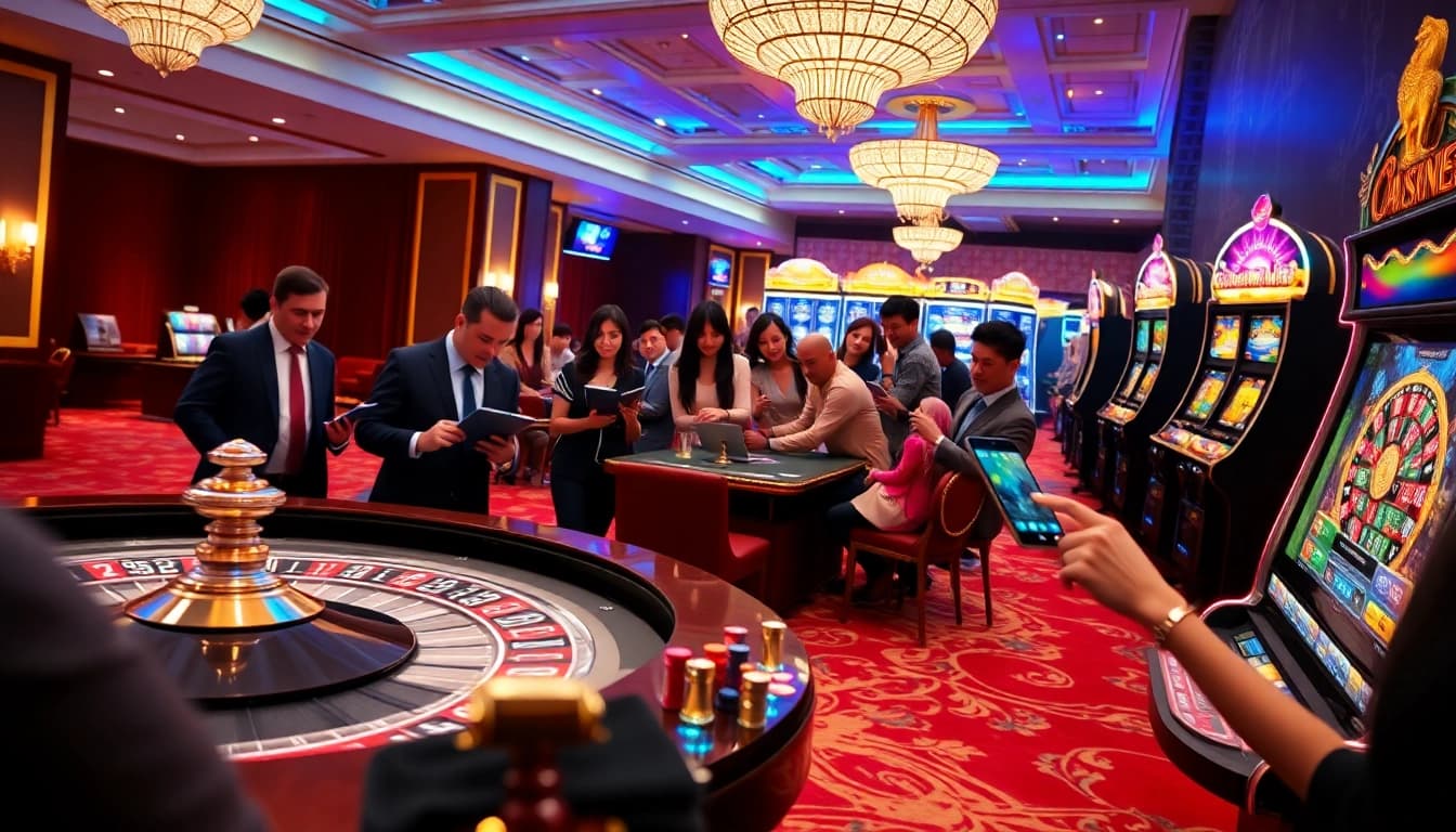 Experience the vibrant excitement of online gambling at 8kkbet.com with players at luxury gaming tables.