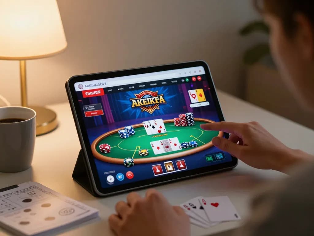 Enthusiastic player engaging with poker on the Trang chủ Ta88 tablet during a cozy night.