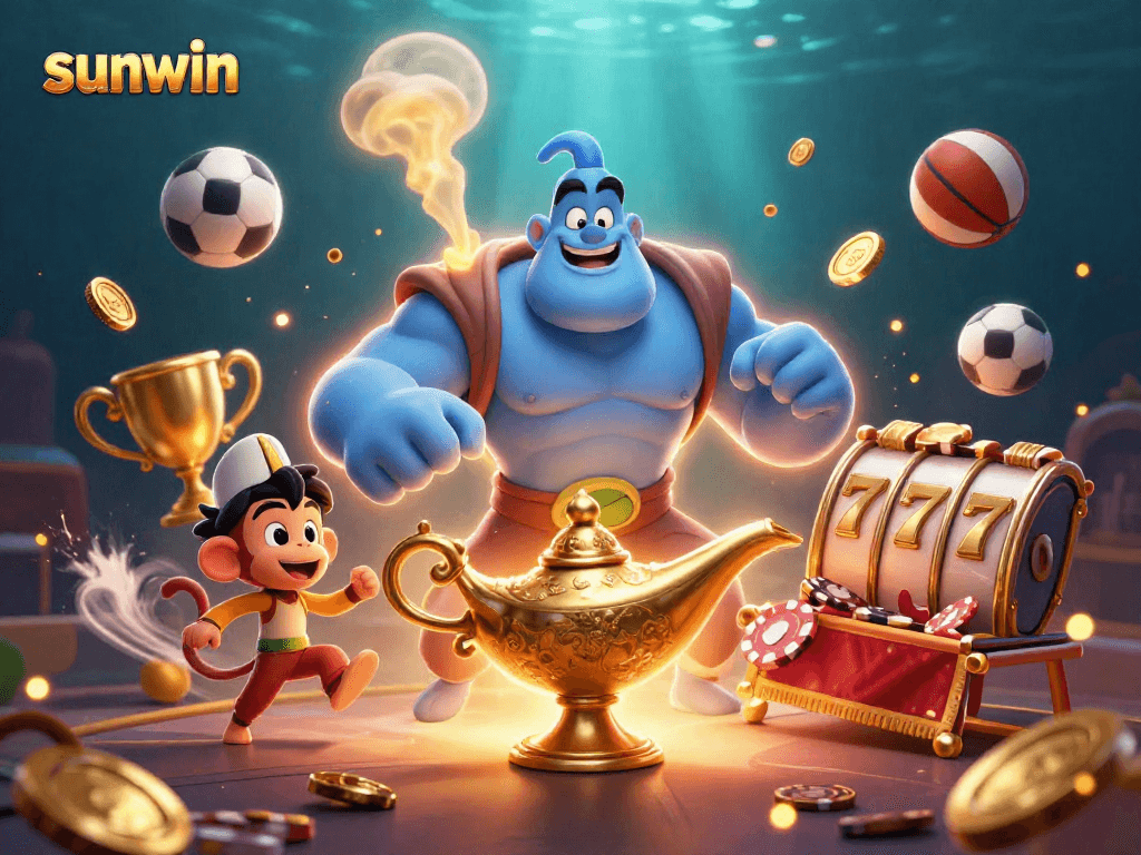Experience casino excitement with sunwin's vibrant 3D gaming scene blending characters and elements.
