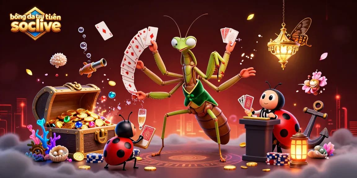Experience bóng đá trực tuyến socolive with vibrant characters dealing cards and treasures in a fantasy casino.