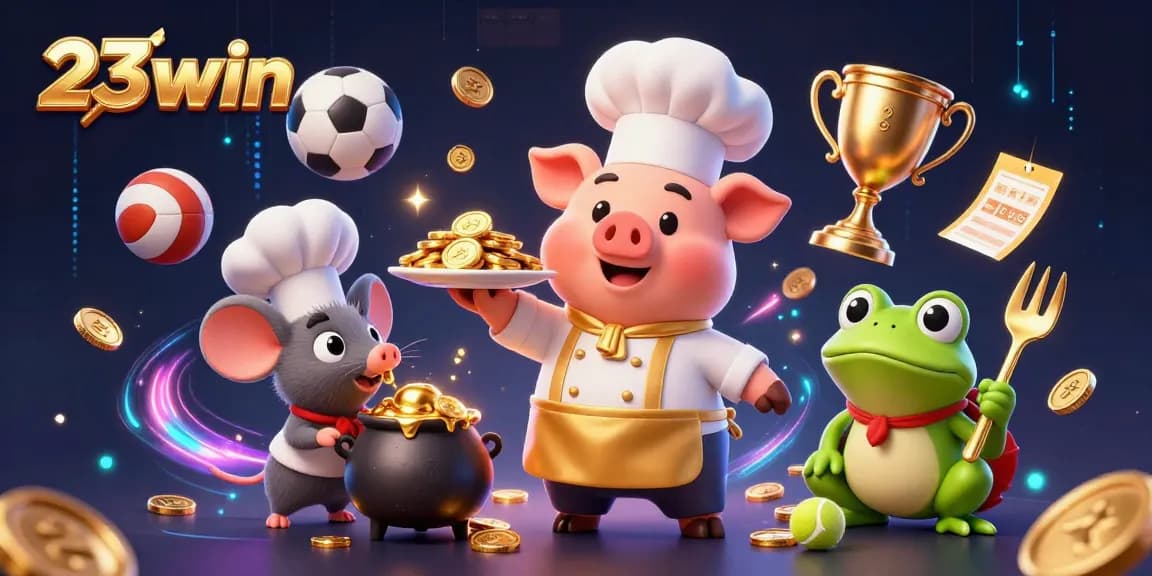Engage in the exciting world of 23win with vibrant casino elements and cartoon characters enjoying gold treasures.