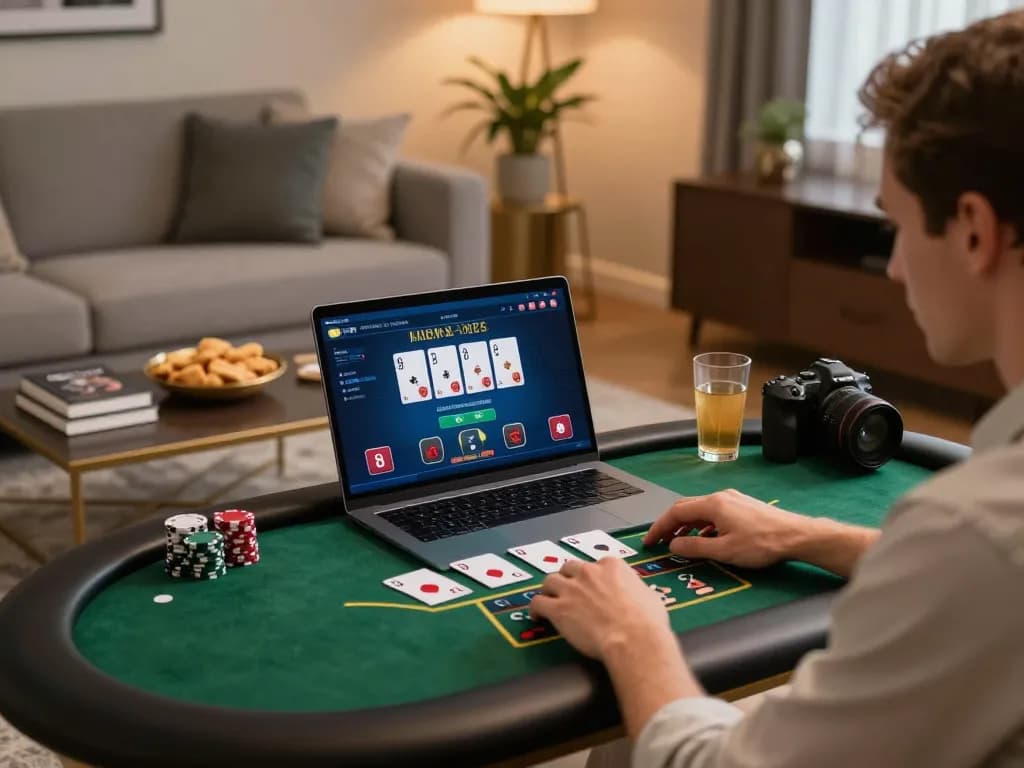 Player engaging with lc88 online casino gameplay on laptop in a cozy home setting