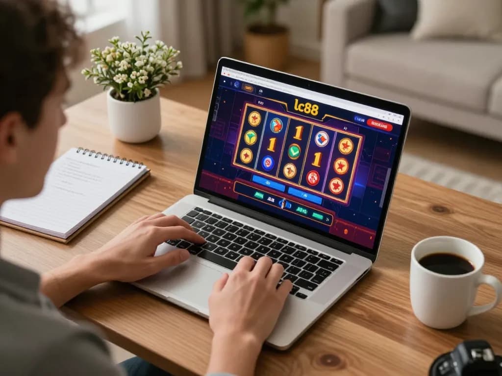 Player engaging with the lc88 online casino interface on a laptop during a cozy gaming session.