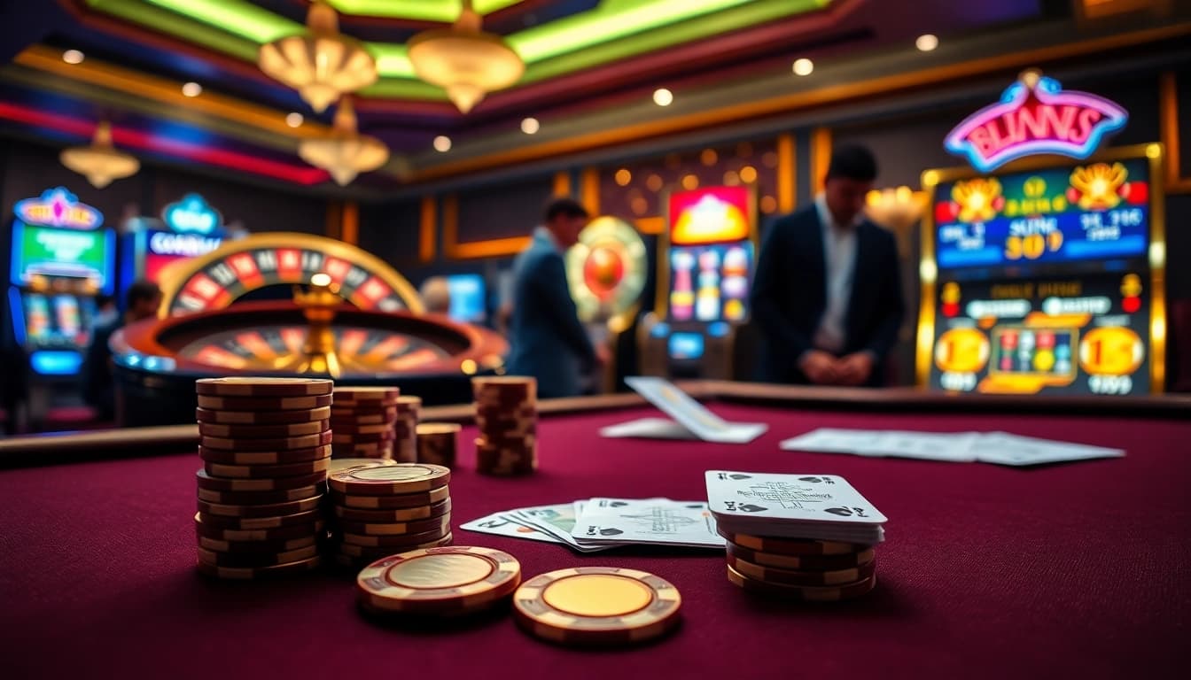 Nohu bets placed on a high-stakes poker table amidst an elegant casino atmosphere.