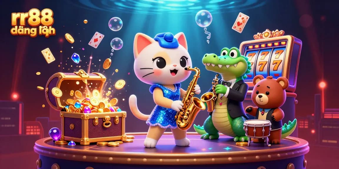 Engage with rr88 đăng nhập for thrilling gaming, featuring a jazzy cat and dynamic gambling scene.