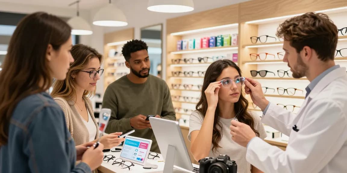Clientes escolhendo lentes de contato na Ótica FAGLUX, com assistência especializada e variedade de opções.