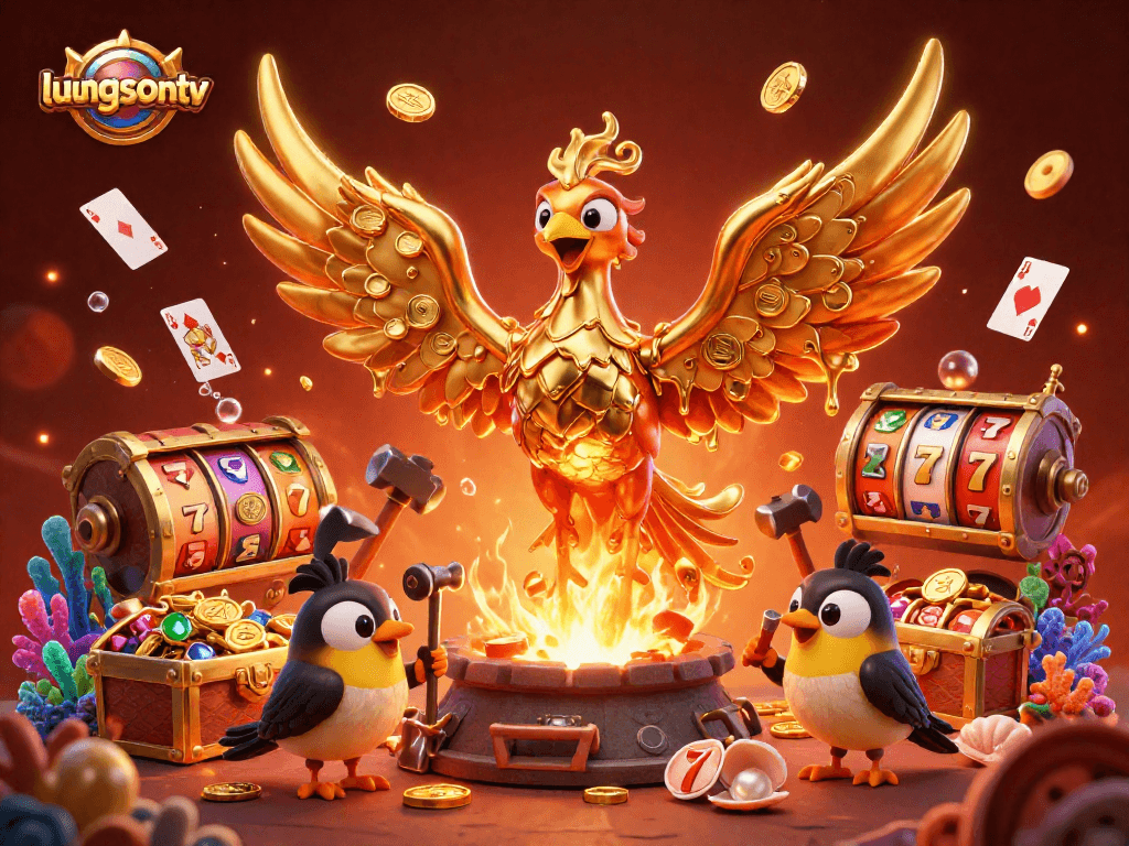 Experience thrilling wins at luongsontv with a vibrant golden phoenix and dynamic gambling elements.