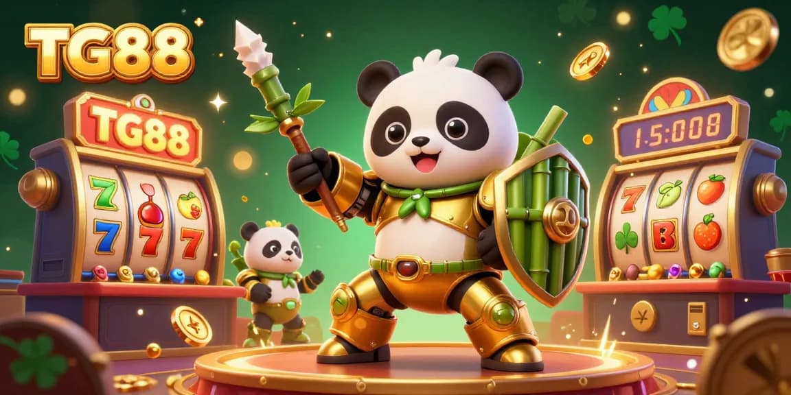 Experience exciting jackpots at TG88, where a golden panda battles in a vibrant casino scene filled with slots.