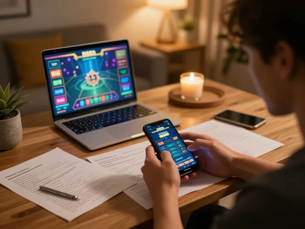 Player strategizing with the 888b app on smartphone while reviewing gaming notes in a cozy home