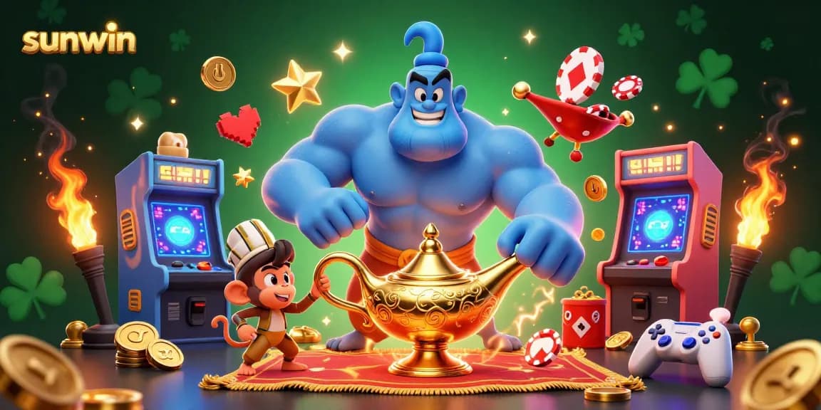 Experience gambling excitement at sunwin with a vibrant 3D rendering of a genie and magical elements.