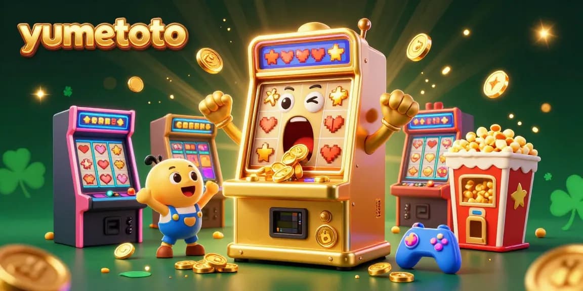 Experience thrilling wins with yumetoto's golden slot machine hitting a jackpot, surrounded by celebrating characters and vibrant casino elements.