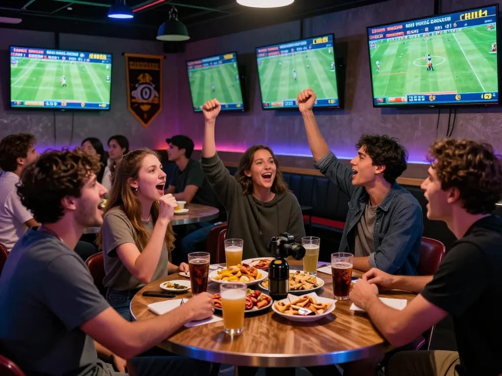 Friends enjoying tỷ lệ kèo nhà cái 5 while watching live football matches in a vibrant sports betting lounge.
