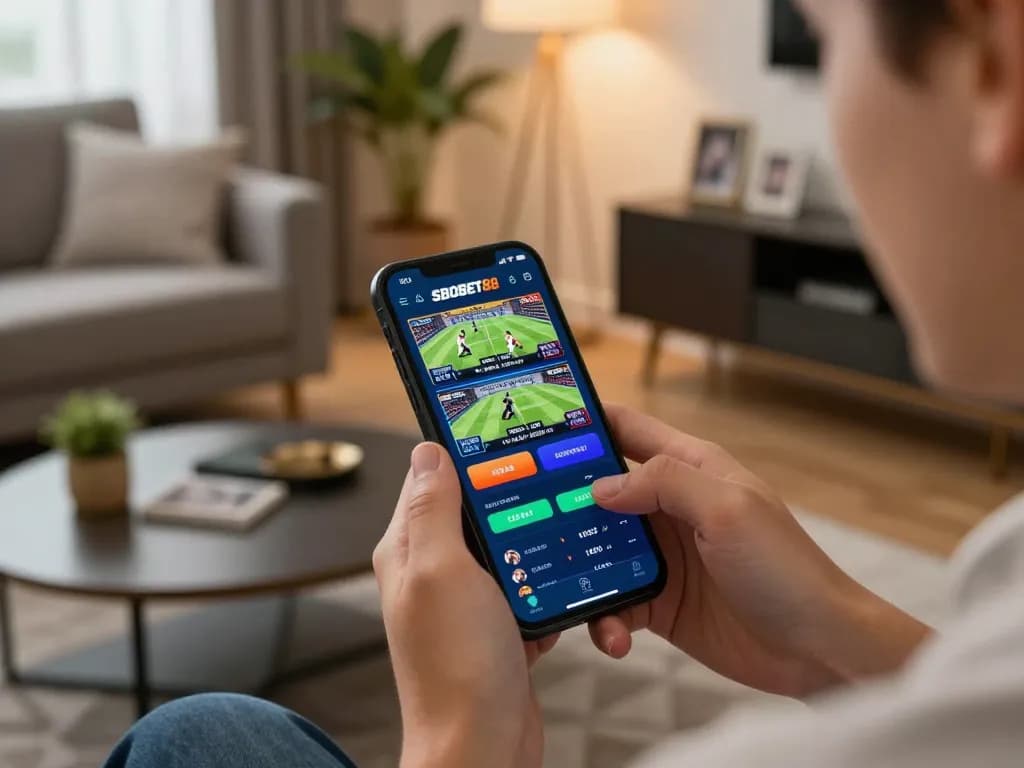 Pengguna SBOBET88 menikmati taruhan olahraga online melalui smartphone di lingkungan rumah yang nyaman