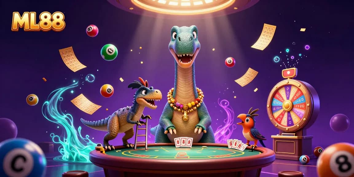 Experience the vibrant energy of ML88 at a fantasy casino with a giant dinosaur dealer and dynamic game elements.