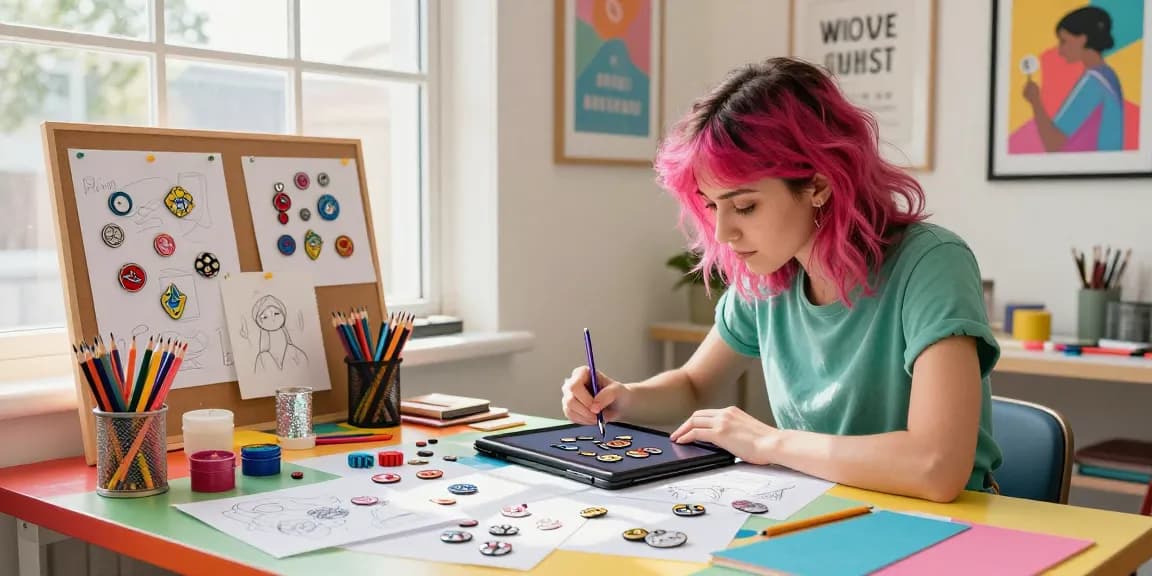 Artist designing custom pins with sketches and prototypes in a vibrant workspace.