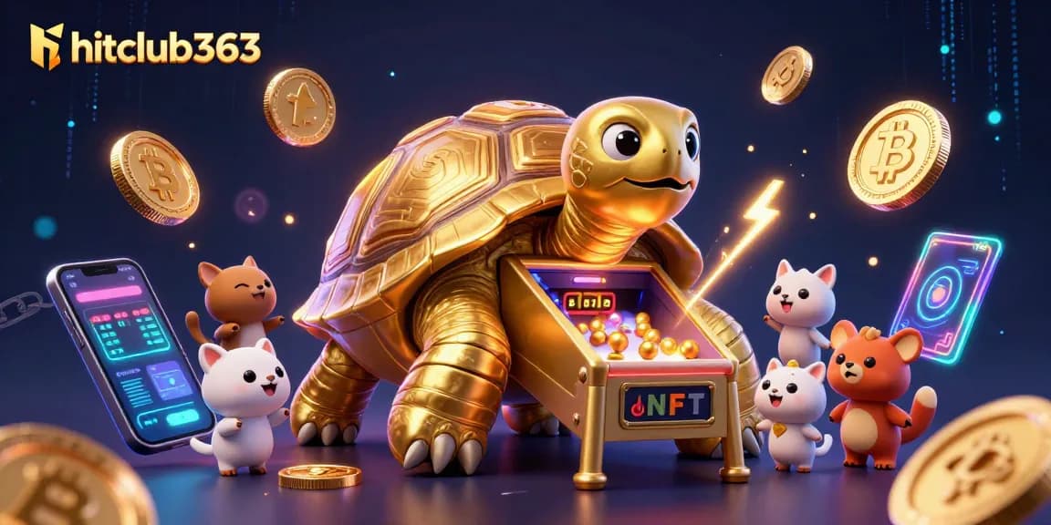 Experience the thrill of hitclub363 with the vibrant 3D casino gaming scene featuring slot machines and crypto elements.