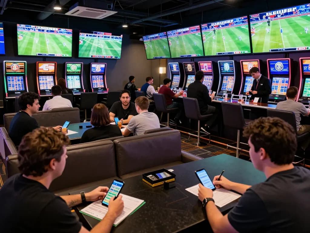 NET88 sports fans engaging with live betting screens while enjoying games at a modern lounge.
