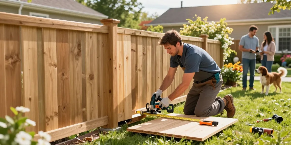 We fix fences and build fences with skilled tradesman installing a wooden fence in a sunny backyard.