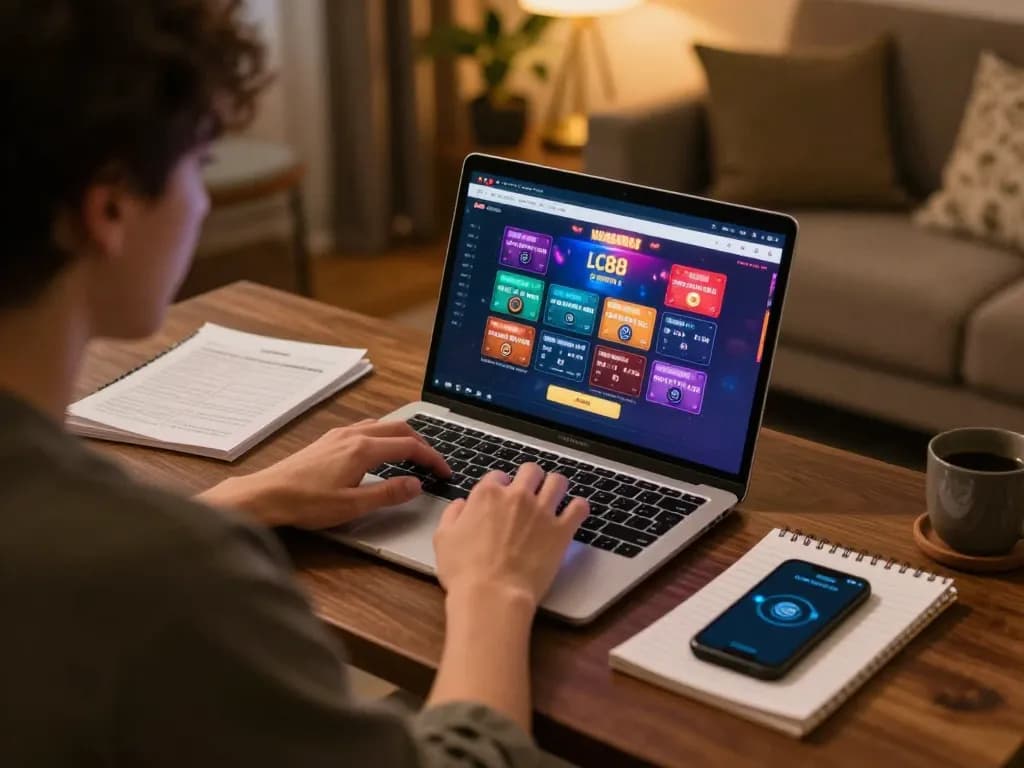 Engaged player using trang chủ lc88 online gaming interface while analyzing strategic notes.