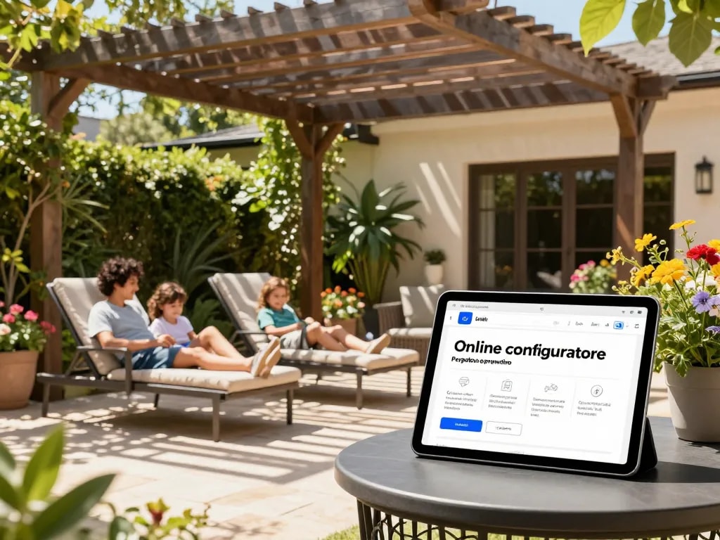 Famiglia che si diverte sotto una pergola personalizzata mentre utilizza il configuratore pergole con preventivo su un tablet, circondata dal verde.