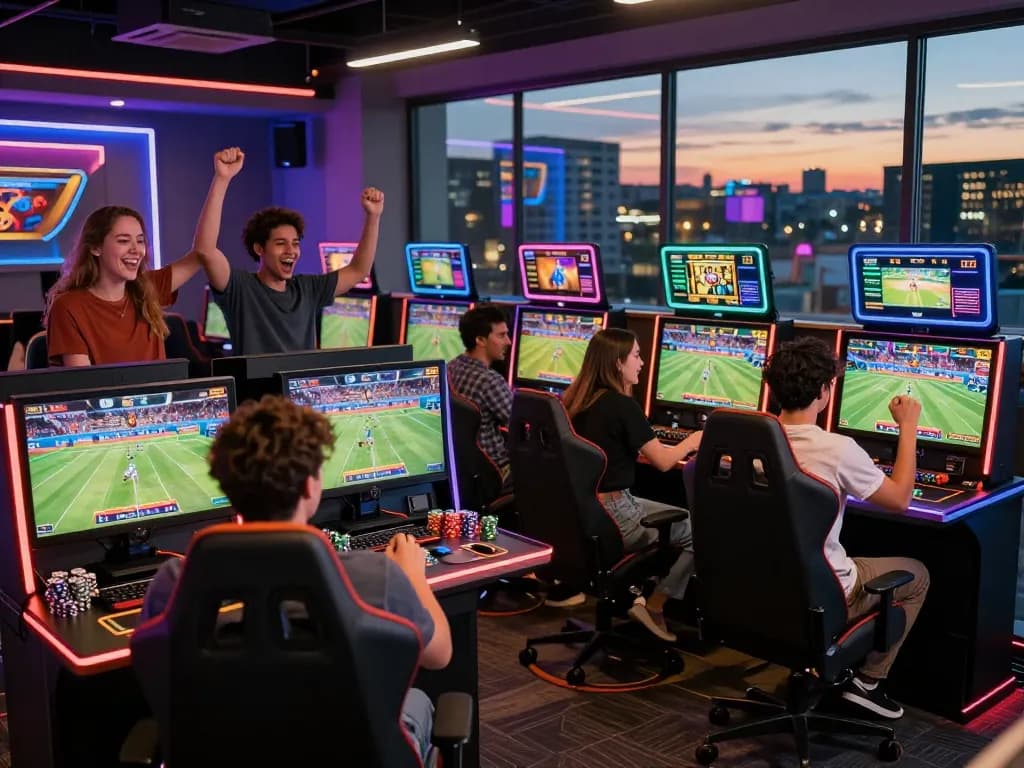 Friends celebrating a big win at the TT88 online gambling lounge, showcasing vibrant sports displays and gaming excitement.