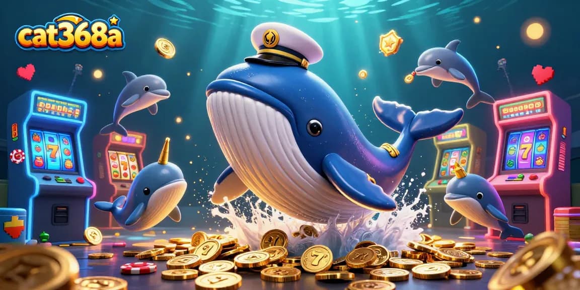 Engage in the thrilling world of cat368a with a playful scene of a whale and dolphins amidst slot reels.